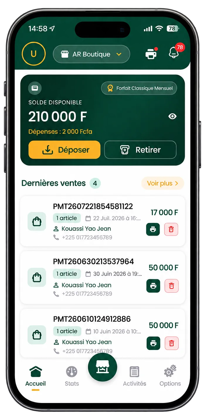 Fiche client et historique des transactions dans Ateliya